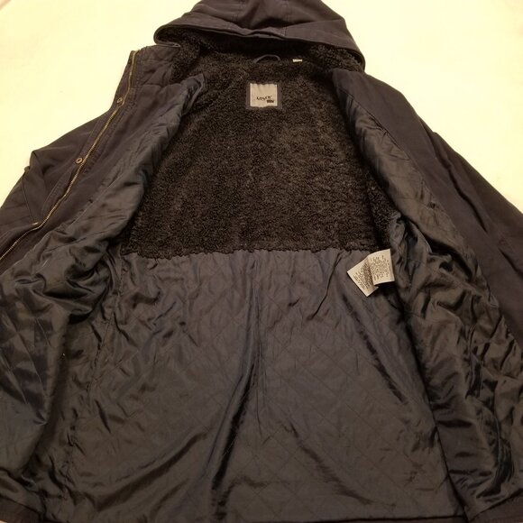 Levi's Women Navy Hooded Jacket Cotton Medium Sherpa Interior Parka Coat Anorak - Picture 4 of 10